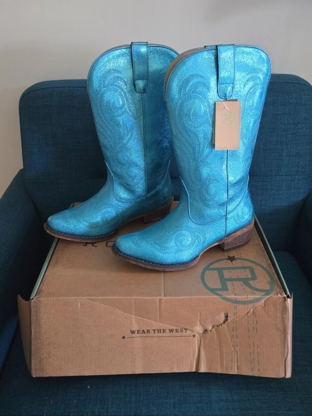 NIB Roper Womens Riley Metallic Turquoise Snip Toe Cowboy Boots Size 9